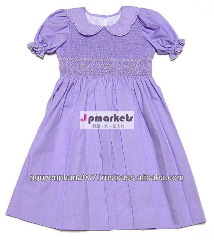 紫色のマイクロギンガム幾何学的なsmocked司教女の子用のドレス問屋・仕入れ・卸・卸売り