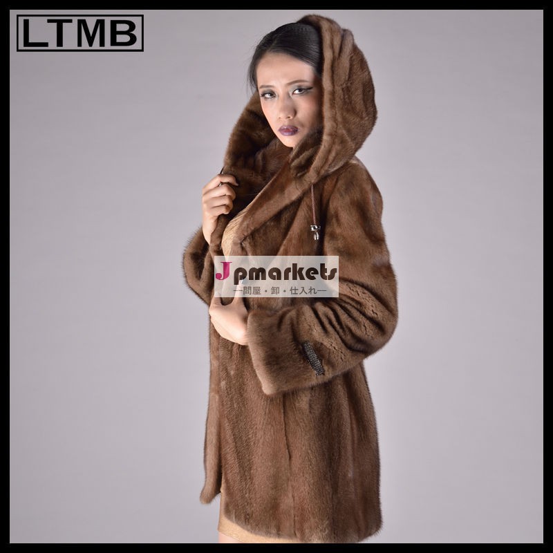 ltmb2014年コート大きい女性のミンクの毛皮のフード付きフルスリーブコーヒー色新しいファッション伸縮性ウエスト女の子のための冬のオーバーコート問屋・仕入れ・卸・卸売り