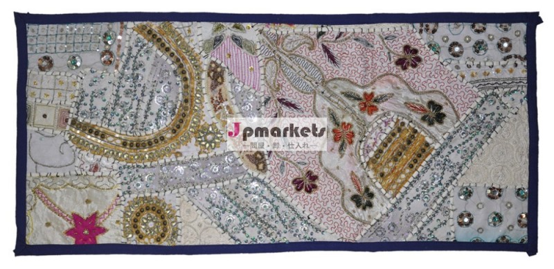 インドの民族的に刺繍のパッチワークのコットンで美しく飾られスパンコールデザイン壁掛けタペストリー問屋・仕入れ・卸・卸売り