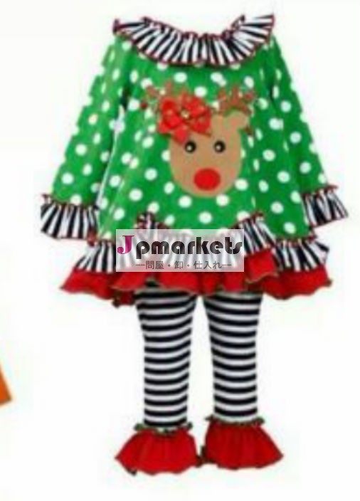 在庫の子供の女の子のクリスマスのトナカイの秋の冬服の衣装2014年ブティックの子供フリルクリスマスセットクリスマスの布問屋・仕入れ・卸・卸売り