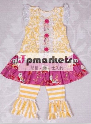 高品質のかわいい女の赤ちゃんファンシー花柄のドレスと二重フリルストライプパンツ子供の衣類のセット問屋・仕入れ・卸・卸売り