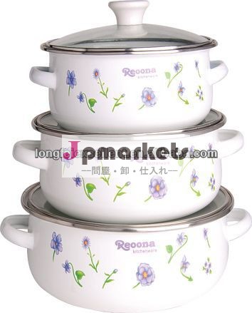 中国ほうろう鉄器672dg3個・ホワイトセラミックとガラス蓋問屋・仕入れ・卸・卸売り