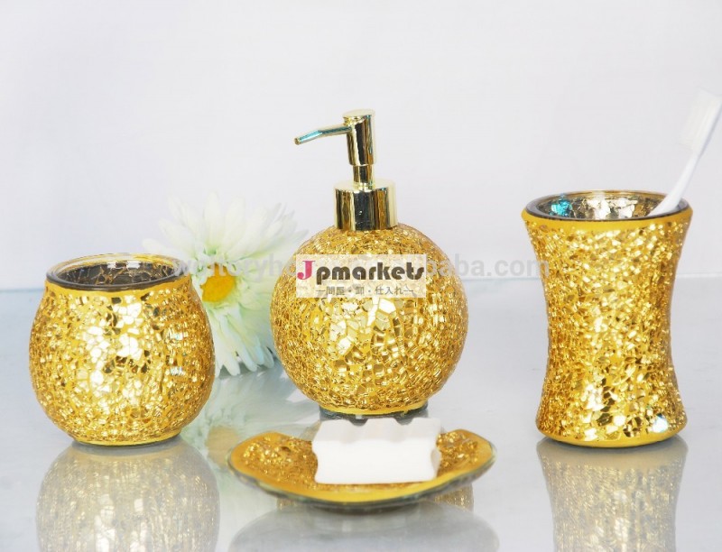 New Design GOLD Glass bathroom Accessories set, Metal Pump Glass Accessories for Hotel/Home問屋・仕入れ・卸・卸売り
