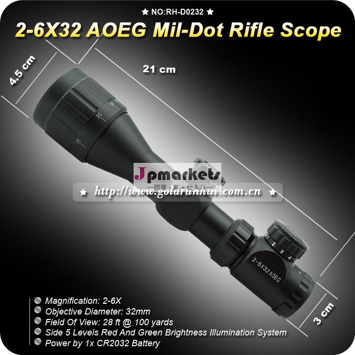 Goldrunhui RH-D0232 Tactical Long Eye Relief Scope 2-6x 32mm Green Red Illuminated Mil Dot Sight Riflescope, 2-6X問屋・仕入れ・卸・卸売り
