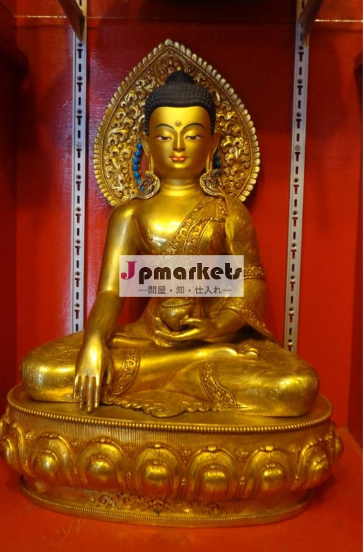 仏像- 極めて高い品質で美しいフル金メッキ釈尊像ネパールの手作りで、問屋・仕入れ・卸・卸売り