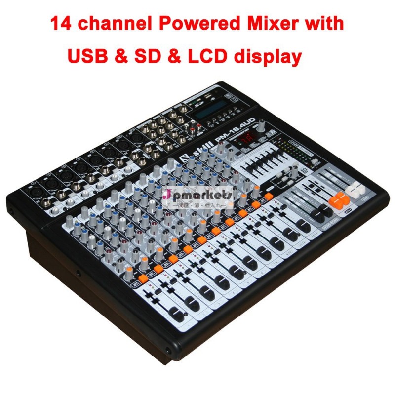 14pm-18.4udチャンネルパワーミキサーusb付き、 sd、 lcdディスプレイ、 16効果、 圧縮機能。 グラフィックeqバンドレザーストラップ問屋・仕入れ・卸・卸売り