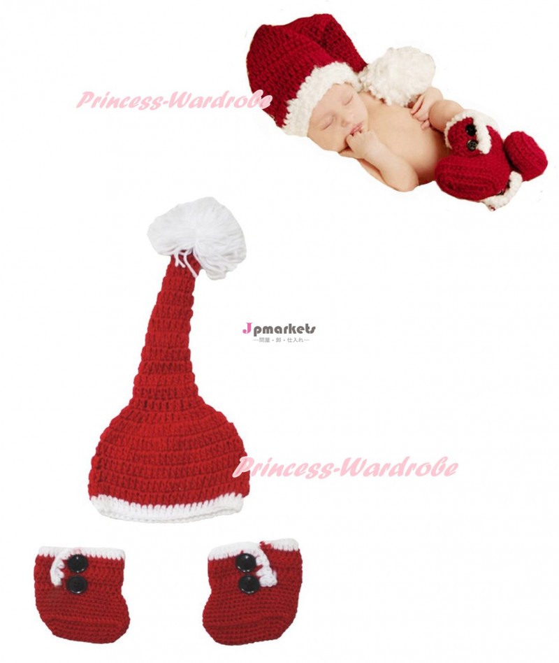 サンタクロースクリスマスパーティーかぎ針編みの帽子の靴生まれたばかりの赤ちゃん衣装nb-6mpp0026写真プロップ問屋・仕入れ・卸・卸売り