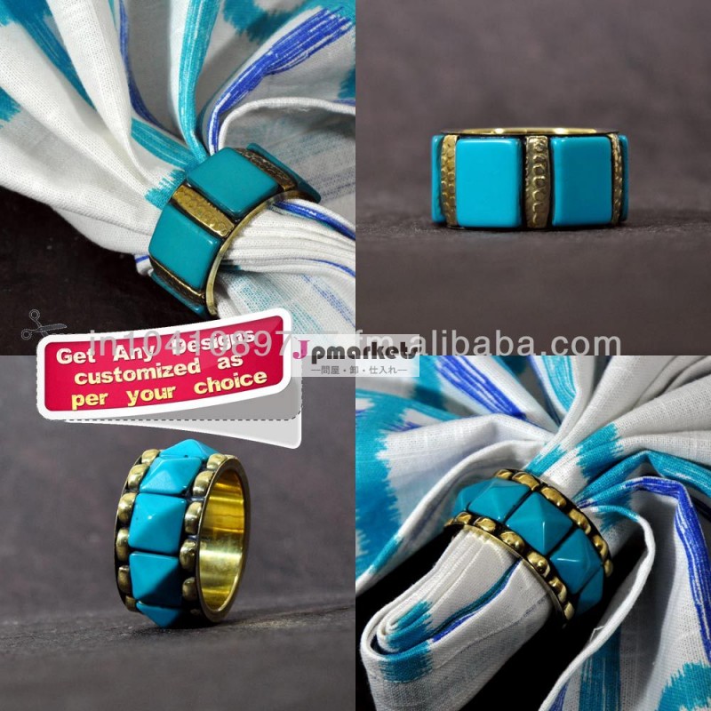 青い色の形のバングルのデザイナー真鍮turquoish・カスタマイズオプションと樹脂のナプキンリング問屋・仕入れ・卸・卸売り