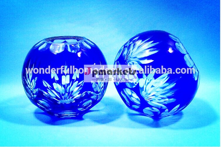 色ガラス彫刻ball/色被せガラスball/ガラスカレンダー/blue彫刻が施されたガラス時計/ガラス製ホームデコレーション/ガラス食器問屋・仕入れ・卸・卸売り