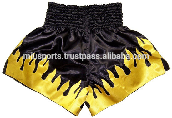 100％上質なサテンの黒黄色mmaボクシング短いを昇華-武道、格闘技用ウェア問屋・仕入れ・卸・卸売り