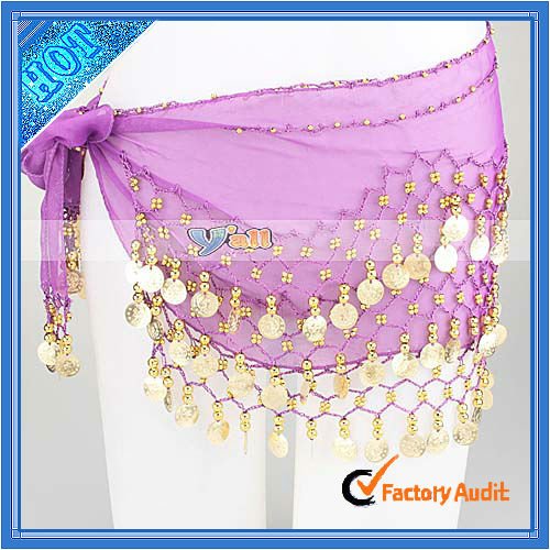 128の金硬貨の紫色のベリーダンスのスカートのスカーフ(11001397)-作業着問屋・仕入れ・卸・卸売り