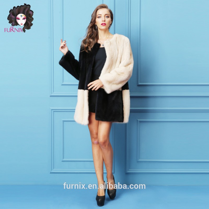 新しいコレクションの女性黒と白の自然なミンクの毛皮のジャケット/ファー付きコート-コート問屋・仕入れ・卸・卸売り