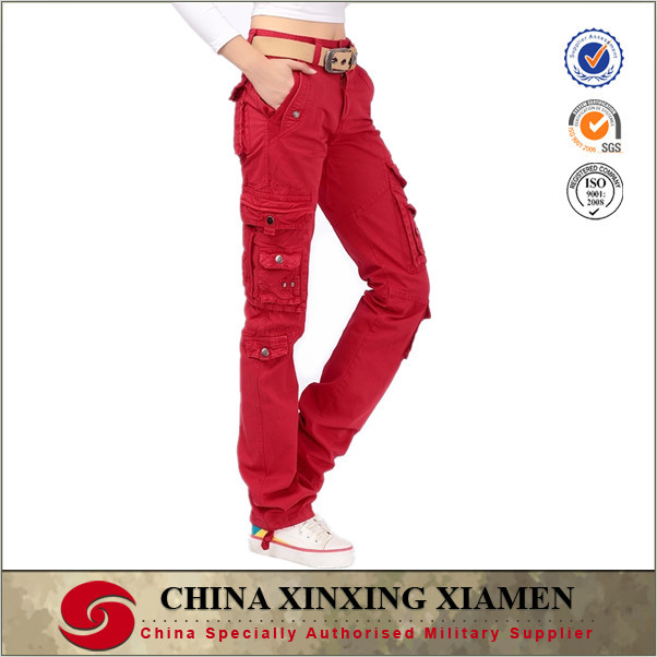 赤一色のカラー純粋な綿の女性のカーゴパンツとのサイドポケット-ズボン問屋・仕入れ・卸・卸売り