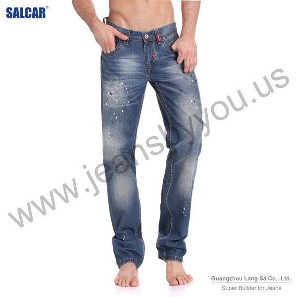 メンズゆったり青い地に白研削2014年ファッションのデニムのジーンズのデニムのジーンズ卸売中国-ジーンズ問屋・仕入れ・卸・卸売り