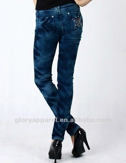 方法女性ラインストーンのポケットジーンズ、標準的なジーンズ-ジーンズ問屋・仕入れ・卸・卸売り
