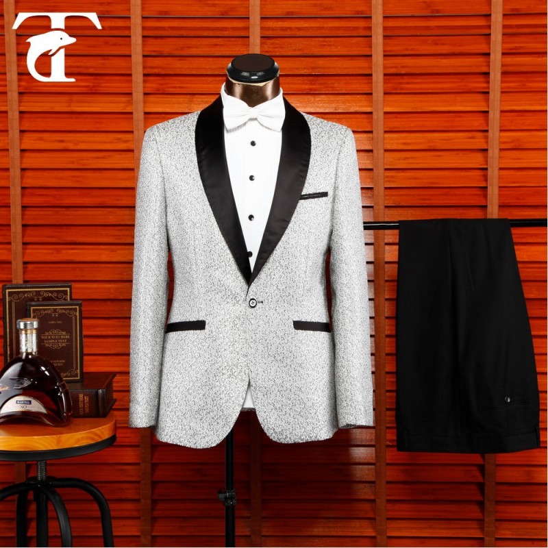 男性の白い1ボタンカスタムディナージャケットテーラードスーツ黒のディテールと-スーツ、タキシード問屋・仕入れ・卸・卸売り