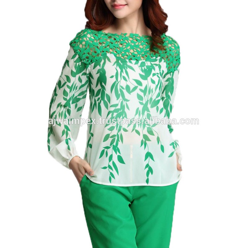 の葉のデザインでトップの女性高品質のシャツ、 ファッショナブルな- シフォン- フォント- b- 緑- b- フォント- フォント- b- 花- b- フォント- フォント- b- leaves2015-Tシャツ問屋・仕入れ・卸・卸売り