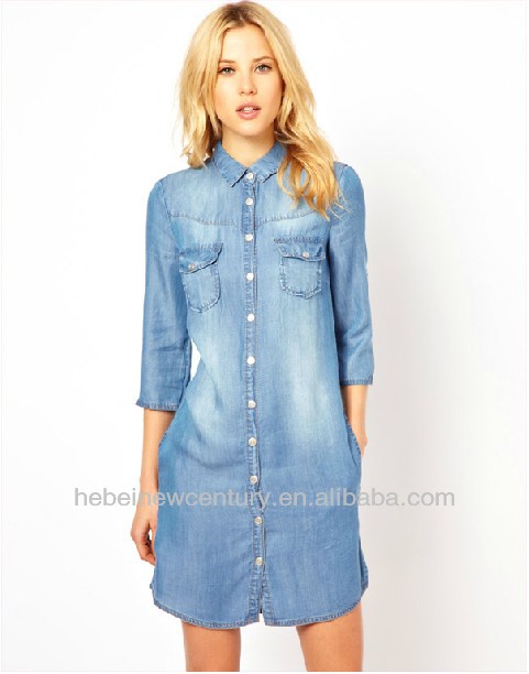 女性卸売レジャースタイル2015カウボーイズのスリーブのボリュームの西洋カフス洗浄された青ロングシャツ襟のドレス-スーツ、タキシード問屋・仕入れ・卸・卸売り