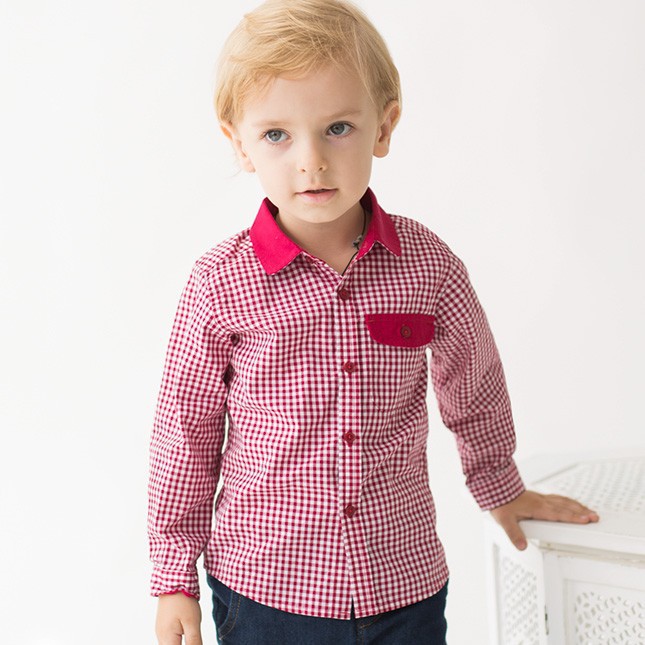 綿100％歩きの幼児の男の子の最上質の長い袖の格子縞のシャツ-ベビーシャツ、トップス問屋・仕入れ・卸・卸売り