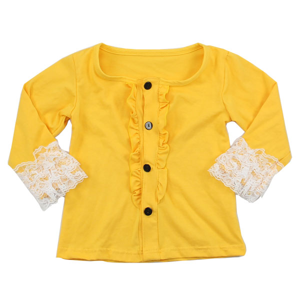卸売ブティックレースのフリルデザインロングスリーブ赤ちゃんカスタムボタン付きtシャツ-ベビーシャツ、トップス問屋・仕入れ・卸・卸売り