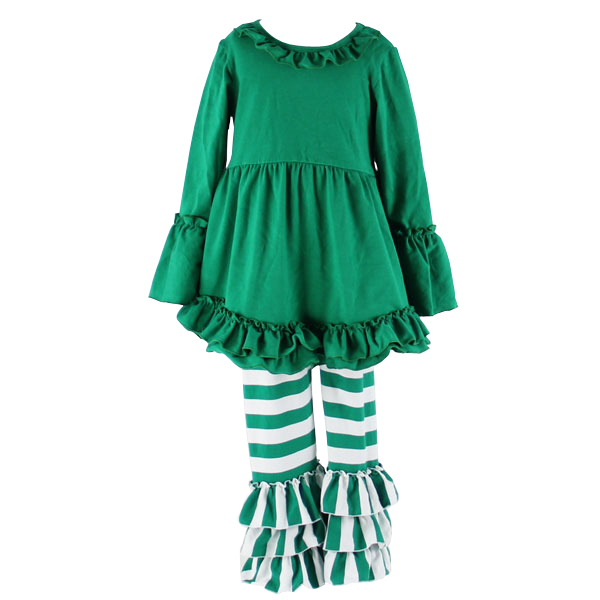 新しい到着の綿卸売2015固体グリーンロングスリーブフリルチュニックと緑白のストライプパンツ赤ちゃんの女の子の衣装クリスマス-ベビー服セット問屋・仕入れ・卸・卸売り