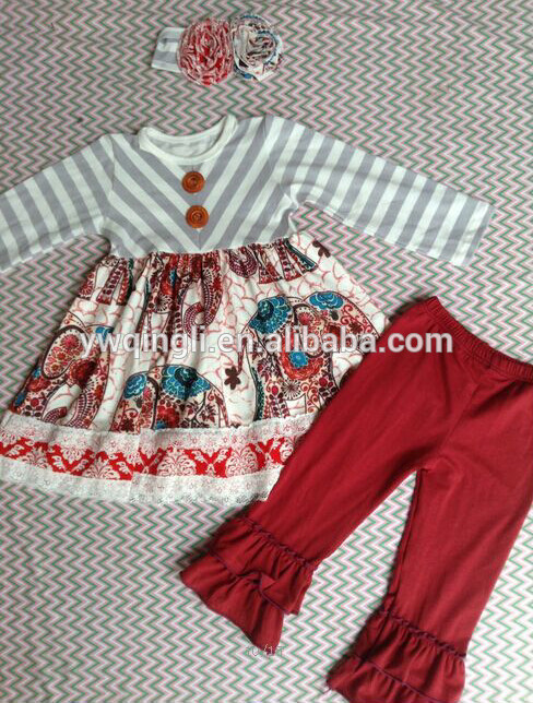 2015熱い販売の赤ん坊の服の長い袖の女の子の秋のセットとsoildダブルフリル付きパンツ衣装象の印刷されたドレス衣装-ベビー服セット問屋・仕入れ・卸・卸売り