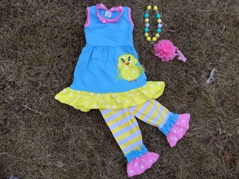 青2015新しい女の赤ちゃんのズボンのセットストライプ・イースター黄色の服装でマッチングネックレスとヘッドバンド-キッズ服　コート問屋・仕入れ・卸・卸売り