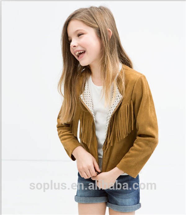 sfk15074062015collorlessファッションの女の子の服の長い袖の赤ん坊のジャケットコート子供の女の子のセーム革タッセル-キッズ服　コート問屋・仕入れ・卸・卸売り