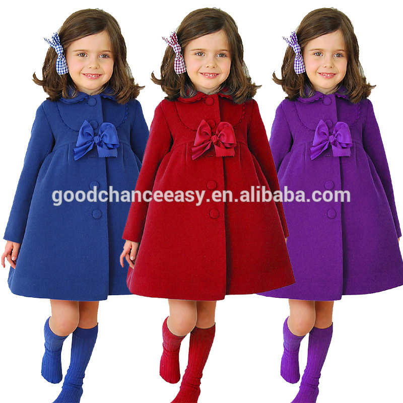 卸売冬のシーズンqz5102韓国語の新しいファッションスタイルの女の子のレースの子どもたちでbowknowカシミヤのコート-キッズ服　コート問屋・仕入れ・卸・卸売り