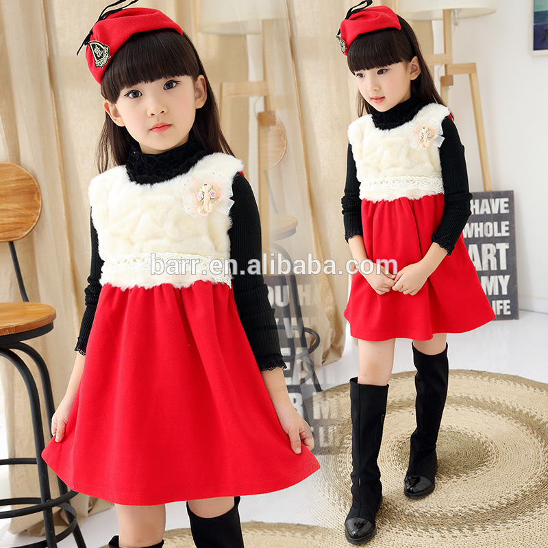 素敵なかわいい小さな女の子スタイルドレス赤白毛織物や綿コサージュつき-キッズ服　コート問屋・仕入れ・卸・卸売り