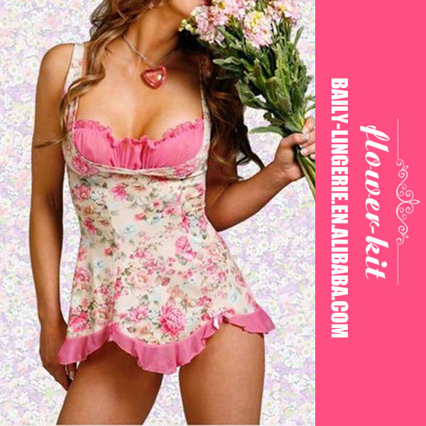 ピンクと白の花の柄ベビードールF4002ホット販売ファッションレディースベビードール-セクシーランジェリー問屋・仕入れ・卸・卸売り