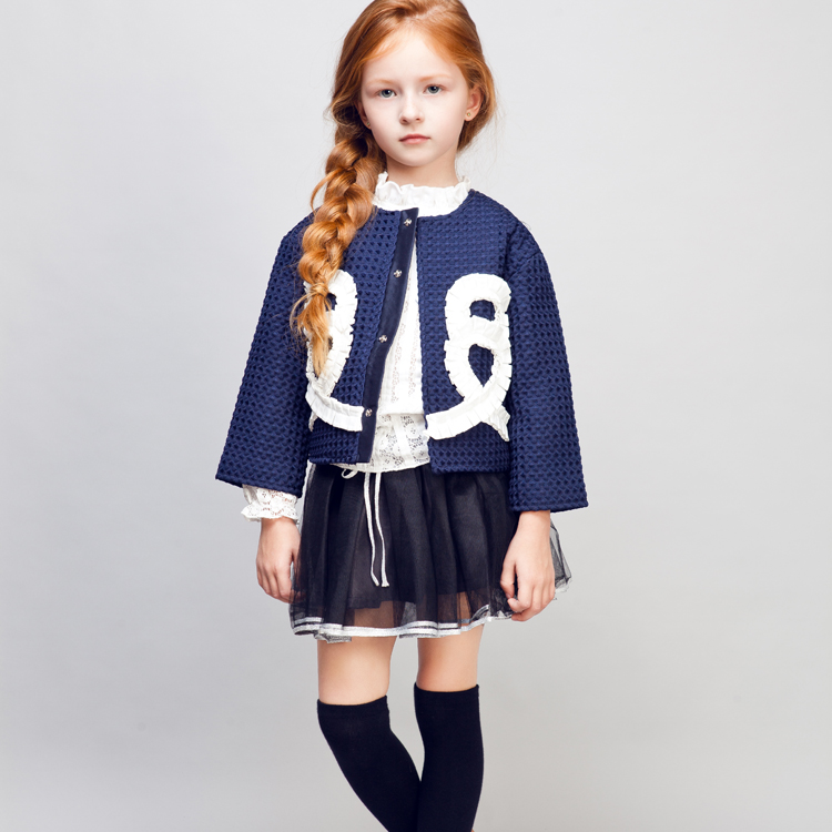 子供ゾーン秋クール2016短いカジュアルラウンドカラーコートダークブルー女の子のコート-ジュニア服（女）ジャケット、コート問屋・仕入れ・卸・卸売り