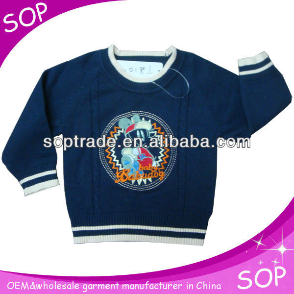 ダークブルー手刺繍2013作られた子供のためのウールのセーター-キッズ服　セーター問屋・仕入れ・卸・卸売り