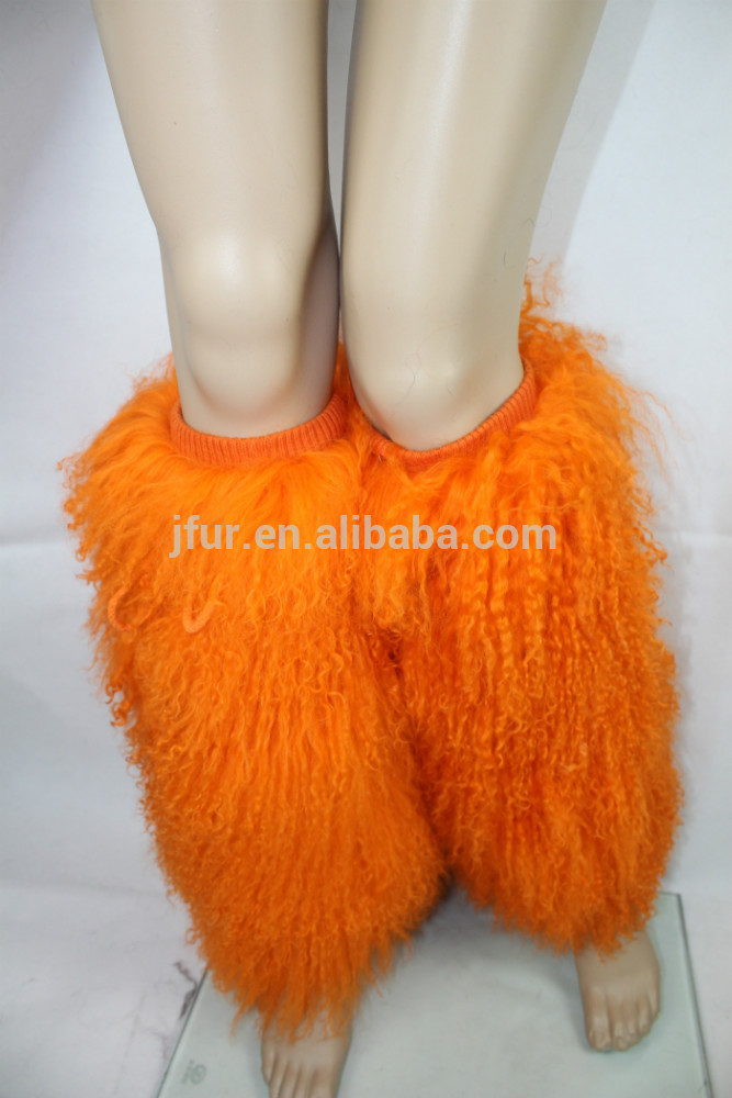 モンゴルの羊の毛皮美しいオレンジ色足ウォーマー動物の毛皮の袖高靴下膝毛皮のブーツ-レッグウォーマ問屋・仕入れ・卸・卸売り