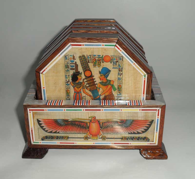木製のコースターセット、 エジプトのハンドメイド、 木材、 パピルス、 装飾された真珠の母、 6コースター-民芸品問屋・仕入れ・卸・卸売り