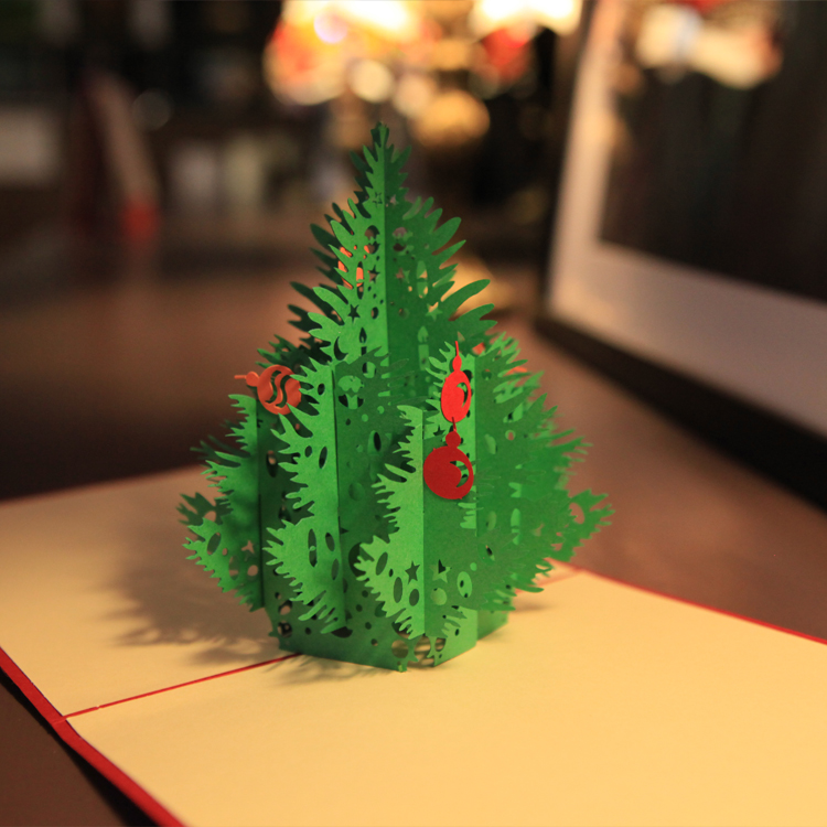 赤の3dメリークリスマスツリー3dレーザーカット紙のバルクハンドメイドポップアップグリーティングカードクリスマスカスタムポストカードプレゼントのディスプレイ9014-記念品問屋・仕入れ・卸・卸売り