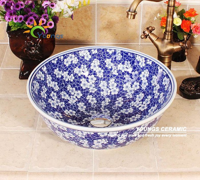 伝統的なアイス景徳鎮梅の花のデザインセラミックバスルームのシンク、 青シンク-バスルーム洗面台問屋・仕入れ・卸・卸売り