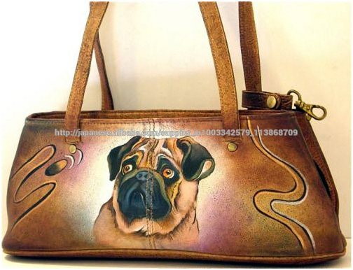 Hand Painted Pug Fine Art On Leather Multi Compartment Evening Bag-イブニングバッグ問屋・仕入れ・卸・卸売り