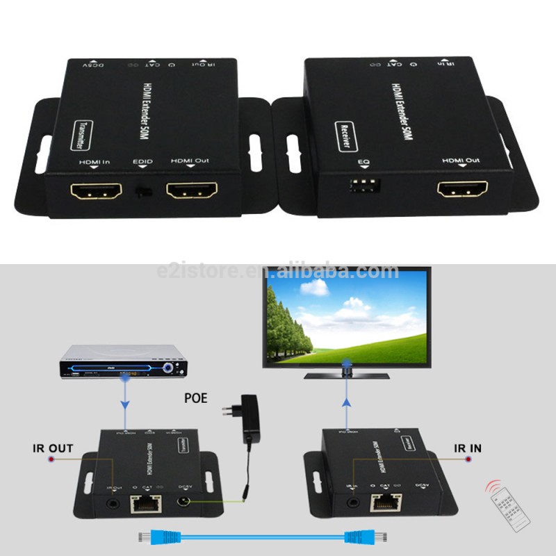 50メートル1080フィートp hdmiエクステンダーpoeパワーオーバーシングルutp cat5e/6 rj45ケーブル+広帯域irリモート拡張hdcp準拠-その他ホームオーディオ、ビデオ機器問屋・仕入れ・卸・卸売り