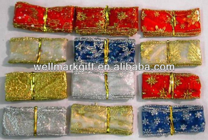 ホット販売40ミリメートル幅ゴールド有線エッジプリントオーガンジー生地ギフトリボン、生地リボンハンク-ギフトリボン問屋・仕入れ・卸・卸売り