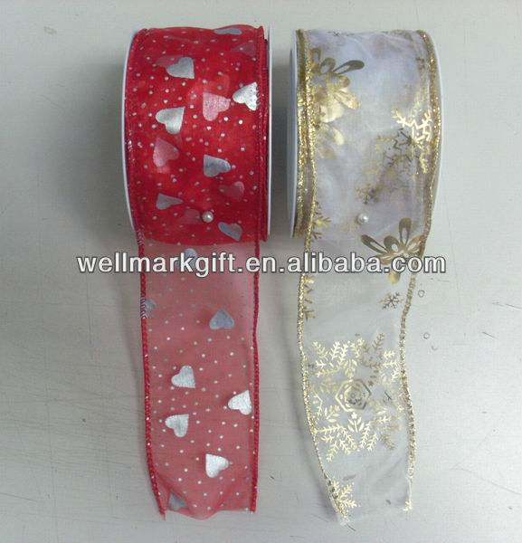 金有線エッジホットスタンプ印刷オーガンザ/オーガンジー/mesh/薄手の織布不織布ギフトラッピングリボン-ギフトリボン問屋・仕入れ・卸・卸売り