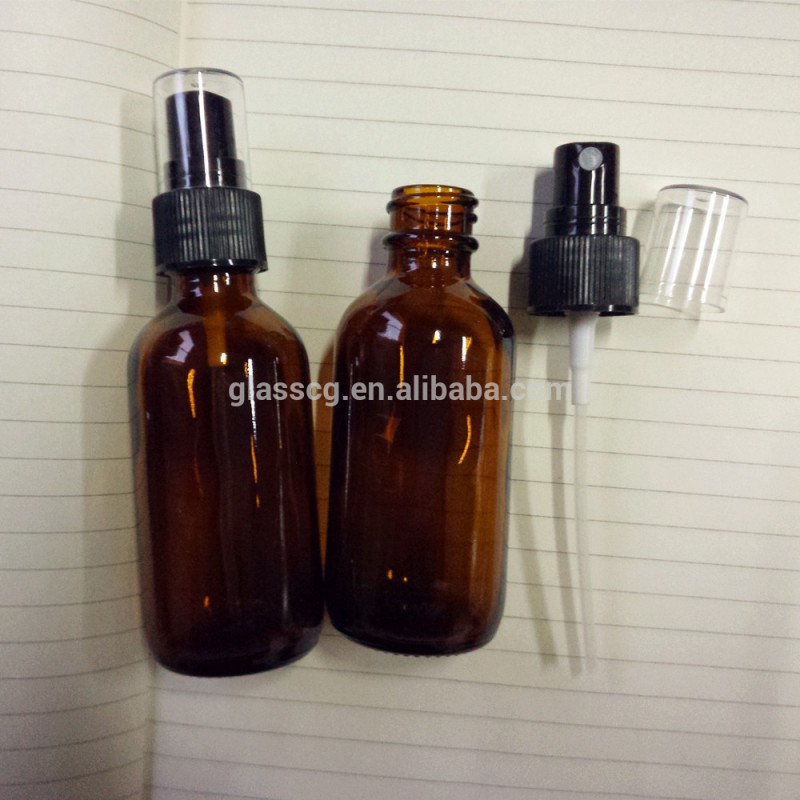 ボストン丸瓶60ml2オンスアンバーガラスボトルスプレーミスト付き-ボトル問屋・仕入れ・卸・卸売り