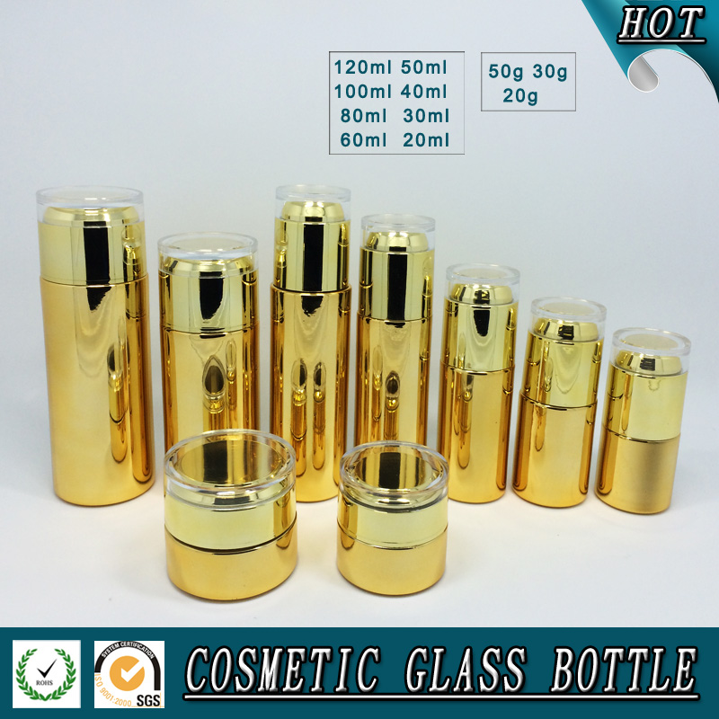 ゴールドelectropaltingガラス化粧ポンプボトルとスキンケアクリームジャー-ボトル問屋・仕入れ・卸・卸売り