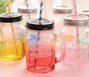 彩色16オンス石工瓶ハンドルと蓋付き-ボトル問屋・仕入れ・卸・卸売り