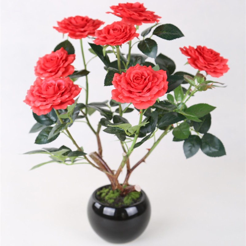 人工的なバラの木7レッドヘッドでブラックセラミック鍋-装飾用花&花網問屋・仕入れ・卸・卸売り