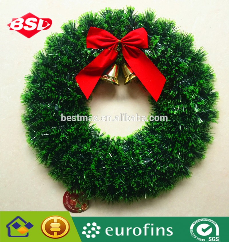 38センチグリーン雪チップソー見掛け倒し花輪で装飾赤い弓と金鐘-クリスマスデコレーション用品問屋・仕入れ・卸・卸売り