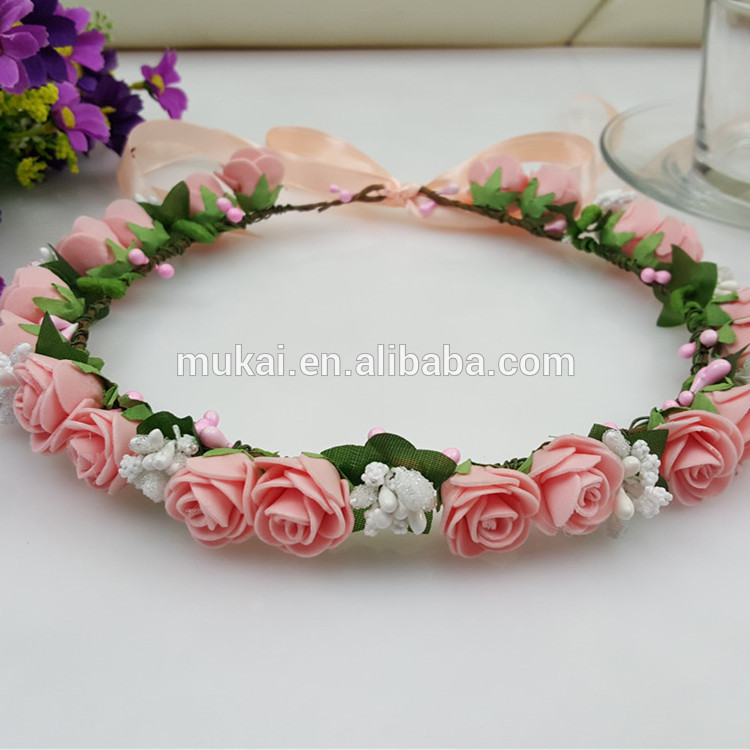 造花の花輪17センチメートル直径ピンクバラの頭の花輪結婚式の装飾のためのバラの花輪、 お祭りの装飾-クリスマスデコレーション用品問屋・仕入れ・卸・卸売り