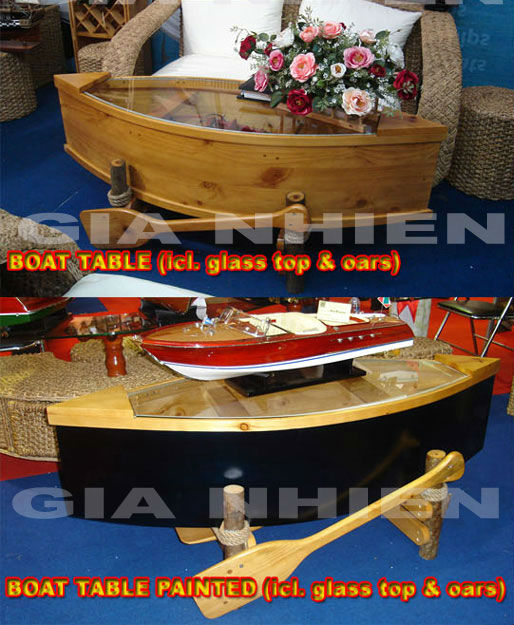 ボートのテーブル塗りの工芸品のモデル( オール付き、 上にガラス)-木工芸品、ウッドクラフト問屋・仕入れ・卸・卸売り