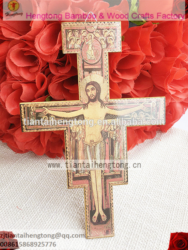 合板san damiano木製壁十字架、宗教十字架、宗教クロス付き正教会アイコンとフック-木工芸品、ウッドクラフト問屋・仕入れ・卸・卸売り