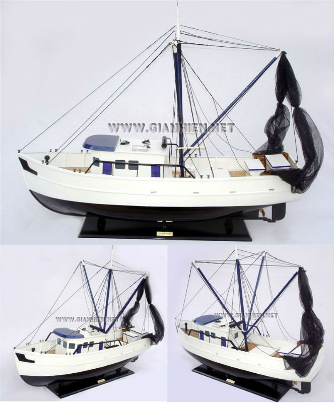 エビネット付き木製フィッシングボート船- クラフトボートモデル-木工芸品、ウッドクラフト問屋・仕入れ・卸・卸売り